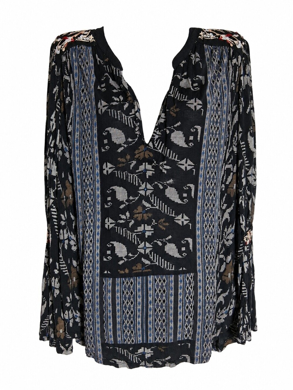 Lucky Brand Women's Black Gray Boho Long Flared Sleeve Embroidered Tunic, Lg. - Picture 2 of 7
